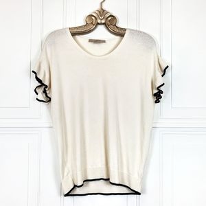 ANN TAYLOR Top Small Contrast Trim Flutter Ruffle Short Sleeve Knit Black White